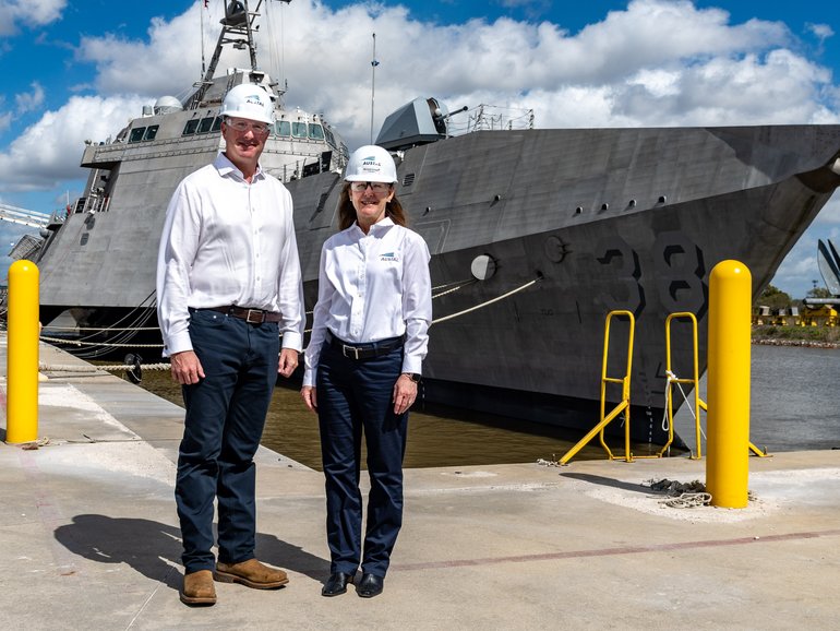 Outgoing Austal USA president Michelle Kruger, right, with Austal chief executive Paddy Gregg at the company’s Mobile, Alabama shipyard.