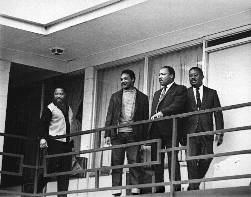 Jackson stands on a balcony at the Lorraine Motel in Memphis.