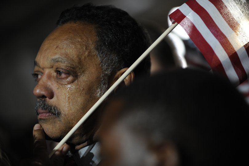 The Rev. Jesse Jackson, in Chicago's Grant Park on Nov. 4, 2008, sheds tears after learning that Barack Obama had won the presidency.