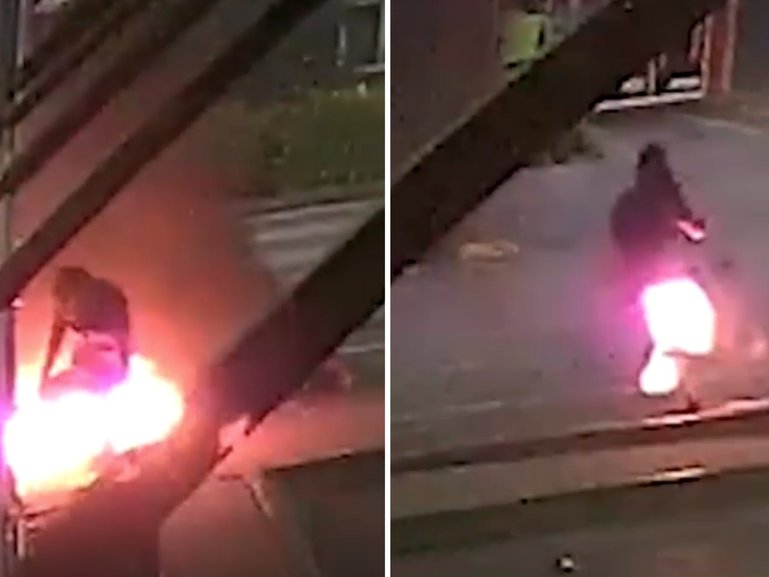 Bizarre CCTV footage shows the moment an alleged thief flees a crime scene after accidentally setting himself on fire.