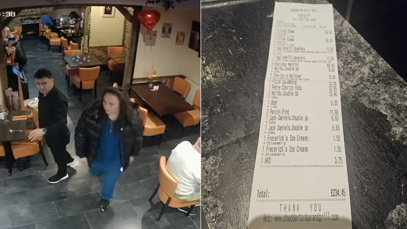 Restaurant exposes trio in CCTV walkout.