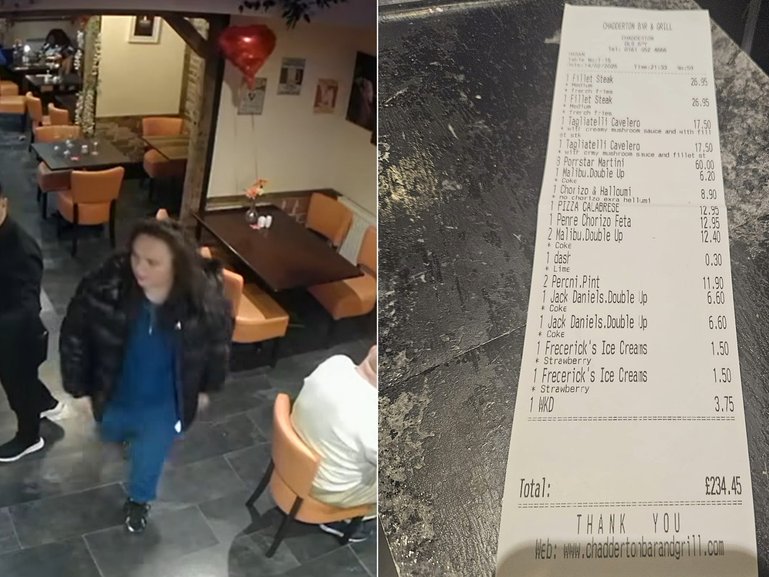 Restaurant exposes trio in CCTV walkout.