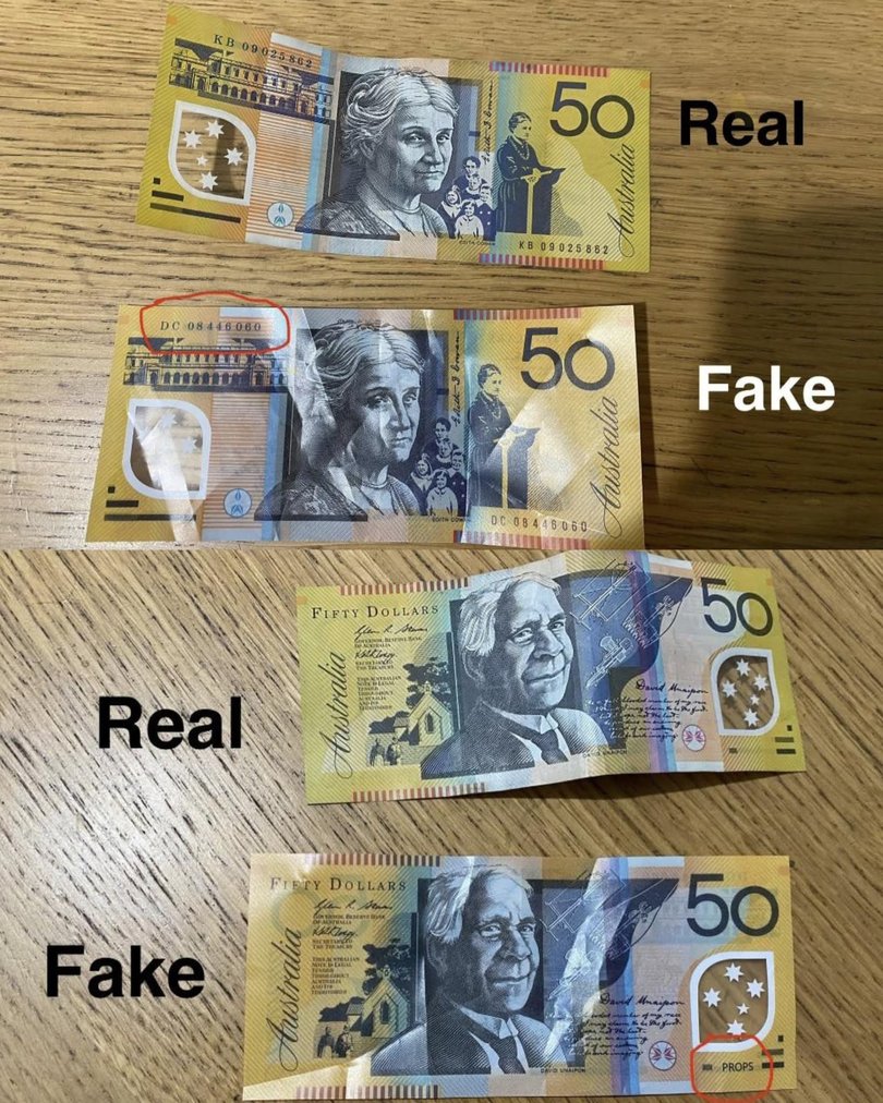 Some counterfeit notes closely resemble genuine Australian currency but include the word “PROP” printed on them.