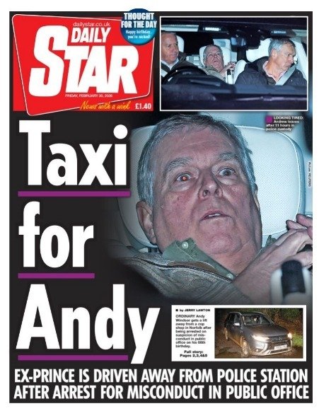 The Star's frontpage on Andrew Mountbatten-Windsor's arrest.