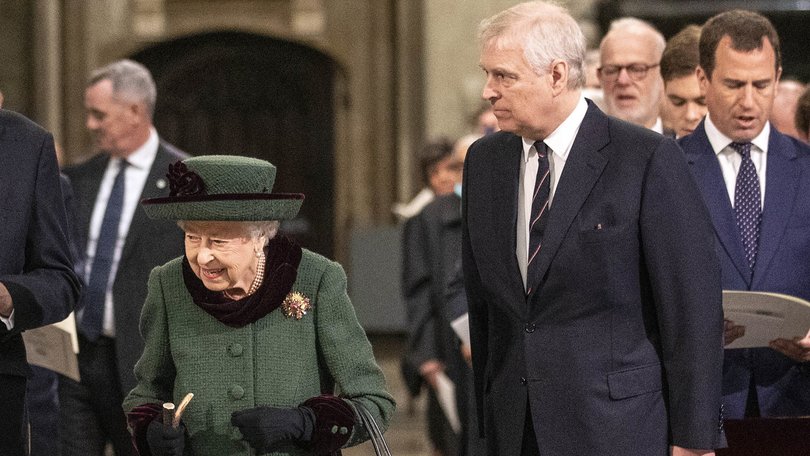 Britain's Queen Elizabeth II and Prince Andrew, center right, arrive for a Service of Thanksgiving for the life of Prince Philip, Duke of Edinburgh, at Westminster Abbey in London, Tuesday, March 29, 2022. (Richard Pohle/Pool via AP)