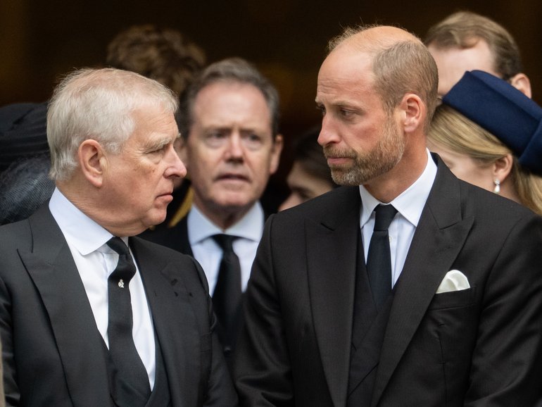 Prince Andrew, Duke of York and Prince William, Prince of Wales attend the funeral of The Duchess of Kent at Westminster Cathedral on September 16, 2025 in London, England.