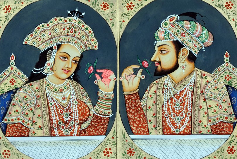 Emperor Shah Jahan with his wife Mumtaz Mahal depicted in a painting. 