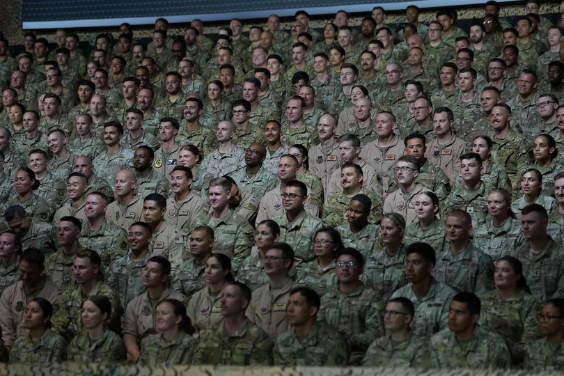 Military personnel attend President Donald Trump’s remarks to troops at Al Udeid Air Base in Doha, Qatar, Thursday, May, 15, 2025.