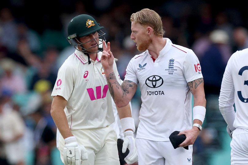 England’s captain Ben Stokes (R) reacts to Australia’s Marnus Labuschagne on day two of the fifth Ashes cricket Test match between Australia and England at the SCG in Sydney on January 5, 2026. (Photo by DAVID GRAY / AFP) / -- IMAGE RESTRICTED TO EDITORIAL USE - STRICTLY NO COMMERCIAL USE --