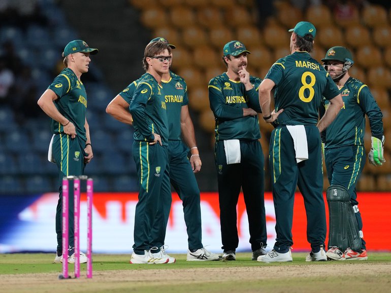 KANDY, SRI LANKA - FEBRUARY 20: Adam Zampa of Australia celebrates the wicket of Muhammad Nadeem of Oman during the ICC Men's T20 World Cup India & Sri Lanka 2026  match between Australia and Oman at Pallekele Cricket Stadium on February 20, 2026 in Kandy, Sri Lanka. (Photo by Sameera Peiris-ICC/ICC via Getty Images)