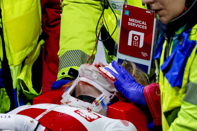 Kamila Sellier is wheeled out of the stadium.