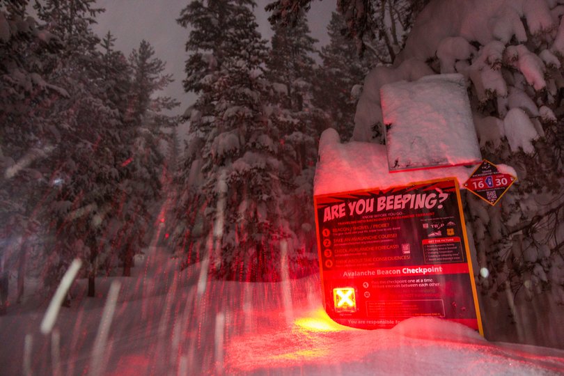 An avalanche beacon checkpoint flashing on the trail to Castle Peak near Soda Springs, Calif., on Wednesday, Feb. 18, 2026.
