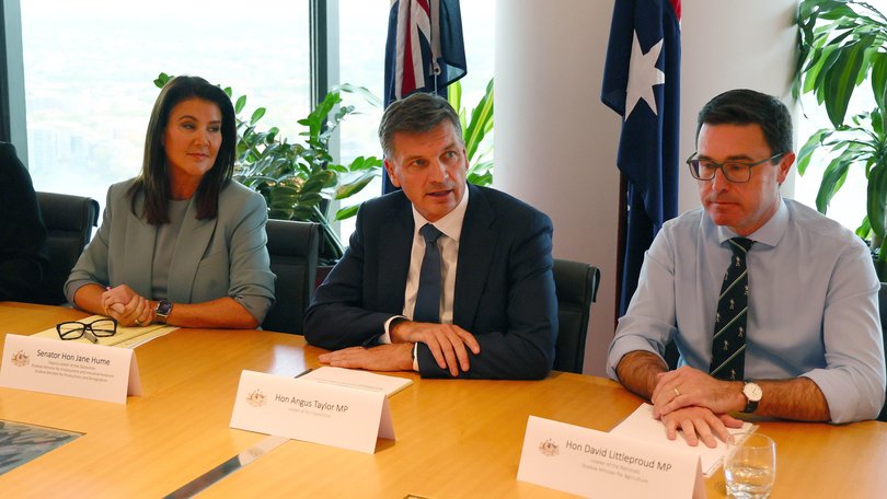 Senator Jane Hume, Leader of the Opposition Angus Taylor and Senator David Littleproud during a meeting of the Shadow Cabinet in Brisbane on Monday. 