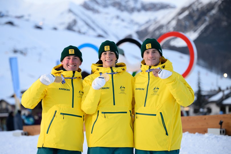 Australian Winter Olympic mogul skiing medallists Cooper Woods, Jakara Anthony and Matt Graham.