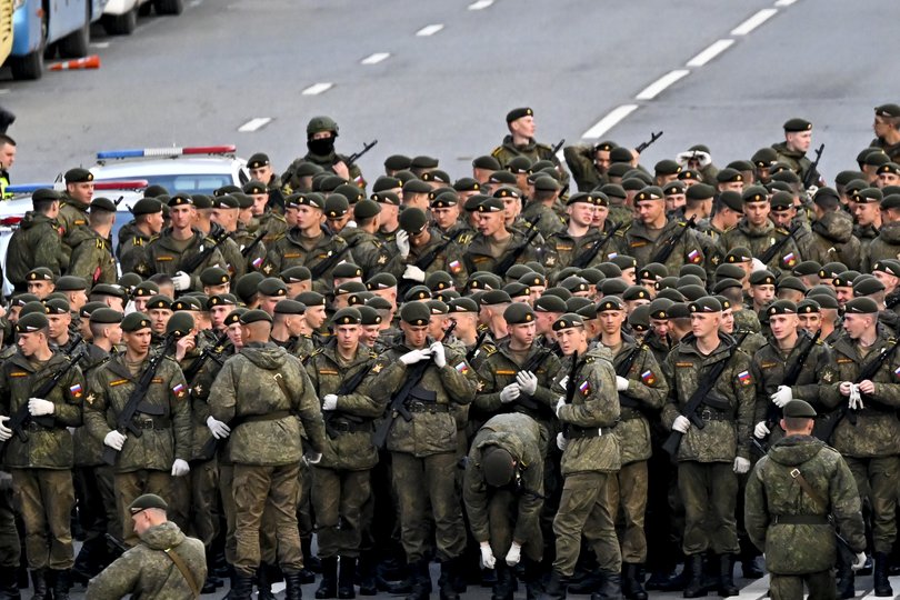 Russian troops attend the rehearsal of Victory Day military parade marking the 80th anniversary of the victory over Nazi Germany in World War II, at Red Square in Moscow, Russia on May 3, 2025.