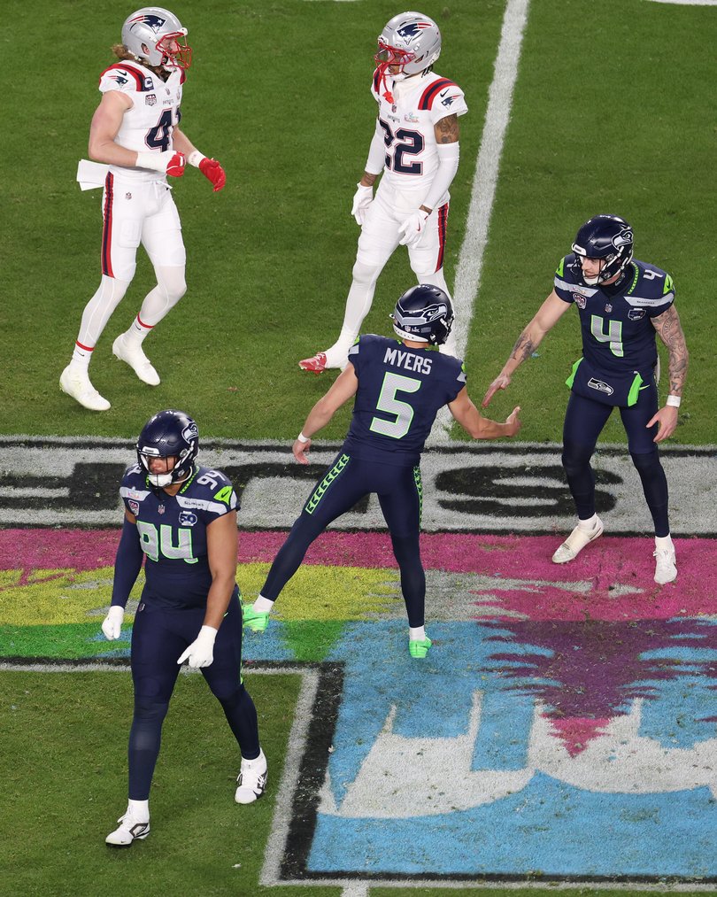 Jason Myers and Michael Dickson celebrate a big play in the Super Bowl.
