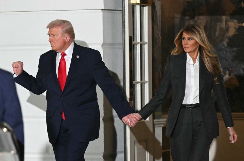 US President Donald Trump and First Lady Melania Trump depart from the South Lawn of the White House to head towards the US Capitol before he delivers his State of the Union address in Washington, DC, on February 24, 2026. (Photo by SAUL LOEB / AFP)