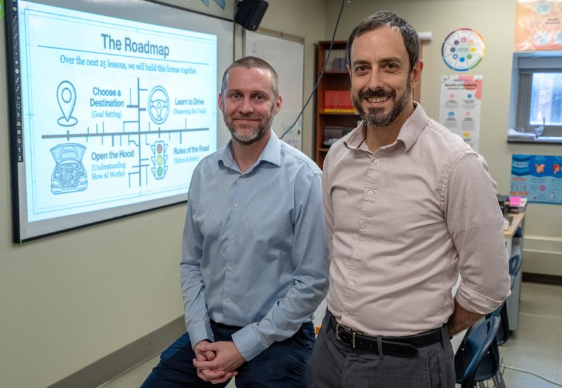 Mike Taubman, left, and Scott Kern at North Star Academy Washington Park High School in Newark, N.J., on Feb. 3, 2026. The two created, and co-teach, the schoolÕs new artificial intelligence literacy class. (Juan Arredondo/The New York Times)