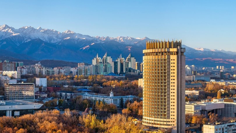 A drone view of the central part of Almaty, Kazakhstan.