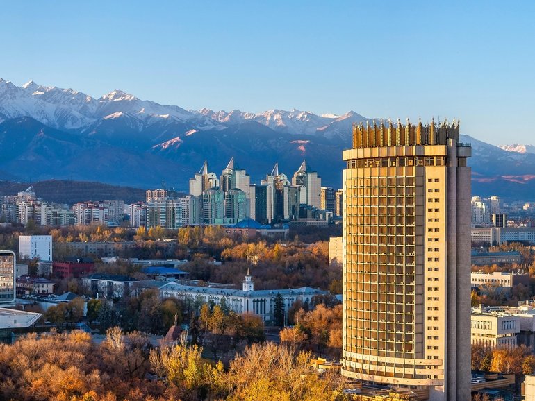 A drone view of the central part of Almaty, Kazakhstan.