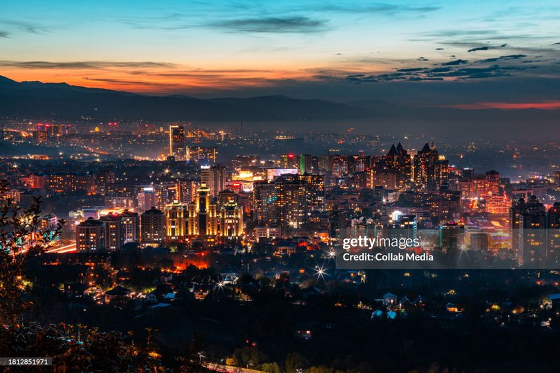 Almaty city with modern buildings at night