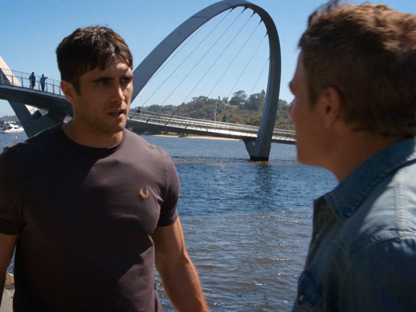 Ethan Browne and Stephen Peacocke film a scene at Perth’s Elizabeth Quay.