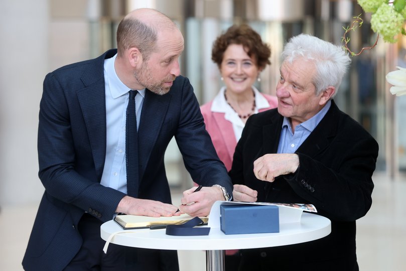 Britain's Prince William speaks with Paul Nurse, former CEO of the Francis Crick Institute, right, during a visit to the Francis Crick Institute ahead of its 10th anniversary later this year in London, Wednesday Feb. 25, 2026. (Chris Jackson/Pool Photo via AP)