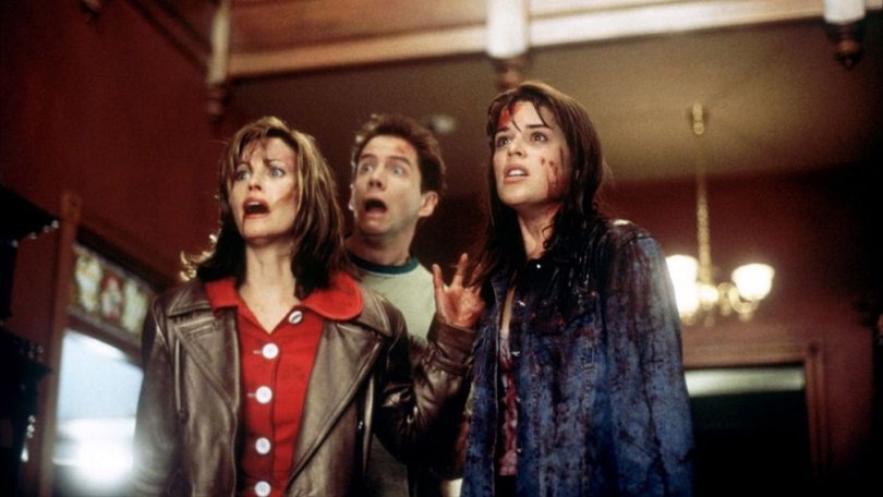 Courtney Cox, Jamie Kennedy and Neve Campbell in the first Scream movie.