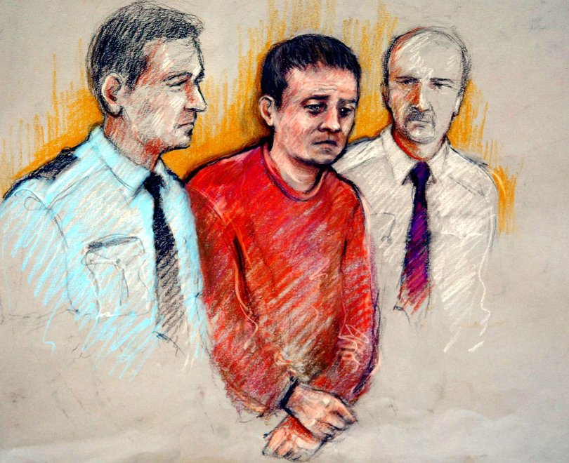 An artist's drawing of Ian Huntley in the dock at the  magistrates Court in Peterborough in 2002.