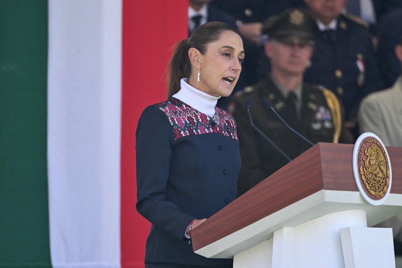 Mexico’s President Claudia Sheinbaum delivers a speech during the celebration of Flag Day in Mexico City this week.