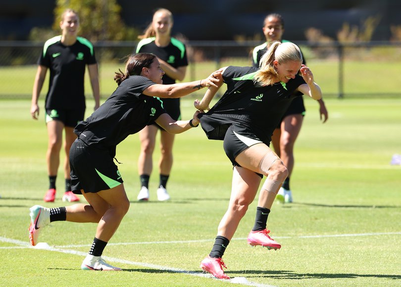 Matildas Sam Kerr and Kaitlyn Torpey in a warm up drill during training session at Sam Kerr Football Centre. on February 28, 2026 in Perth, Australia. (Photo by Paul Kane/Getty Images)