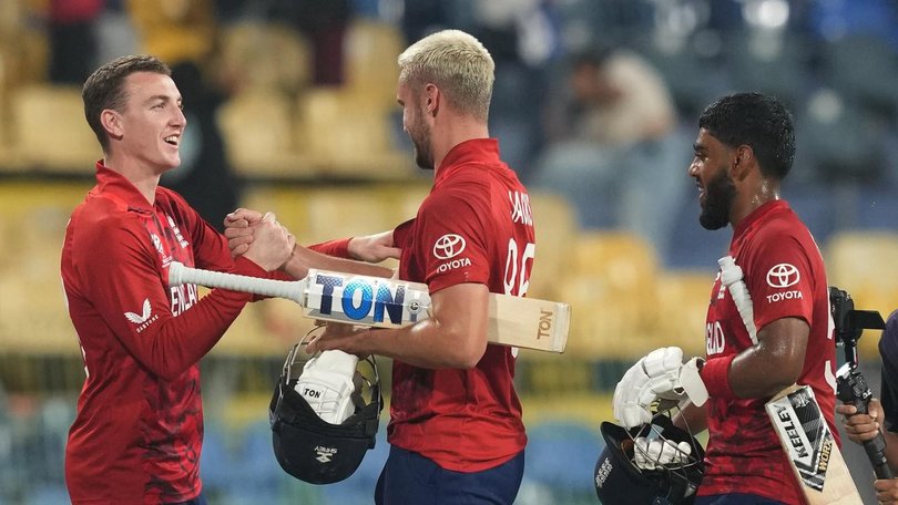 England captain Harry Brook salutes Will Jacks and Rehan Ahmed after their World Cup heroics. (AP PHOTO)