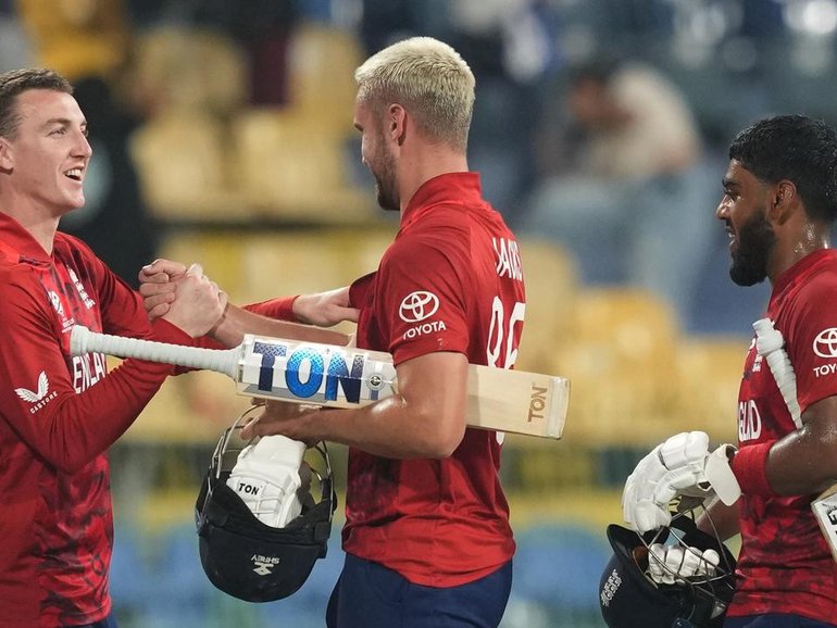 England captain Harry Brook salutes Will Jacks and Rehan Ahmed after their World Cup heroics. (AP PHOTO)