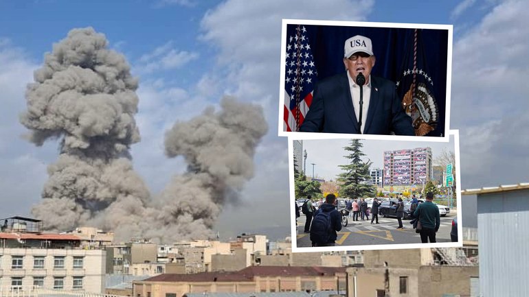 Main image: Smoke billows from a site in Tehran. Inset: US? President Donald Trump confirms the strikes and (bottom right) the strikes cause confusion on the streets of Tehran.