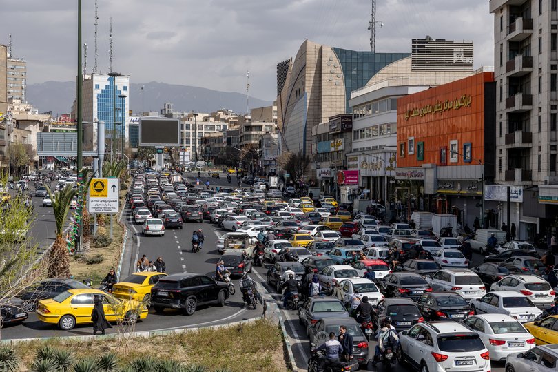 Heavy traffic in Tehran, Iran, where large explosions shook the city and people reported seeing smoke rising from the district that includes the presidential palace on Saturday morning, Feb. 28, 2026.