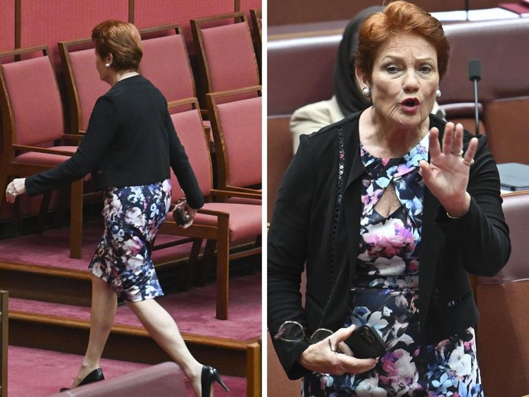 Pauline Hanson stormed out of the Senate as parliamentarians debated her second censure motion.