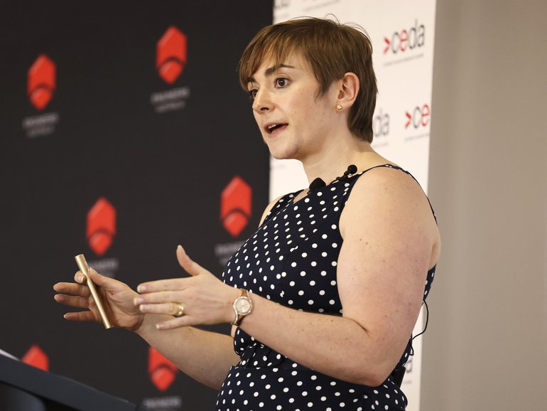 RBA deputy boss Sarah Hunter pictured speaking in Perth in February.