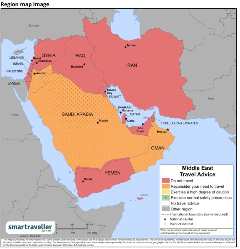 The Middle East region labelled by Smartraveller. Picture: Smartraveller