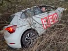Shocking photos show the moment a driving instructor, who was four times over the legal alcohol limit, crashed into a roadside ditch on his way to a lesson. 