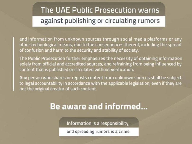 The UAE Public Prosecution released a statement warning anyone who post or repost footage from “unknown sources” will face legal accountability. Picture: X