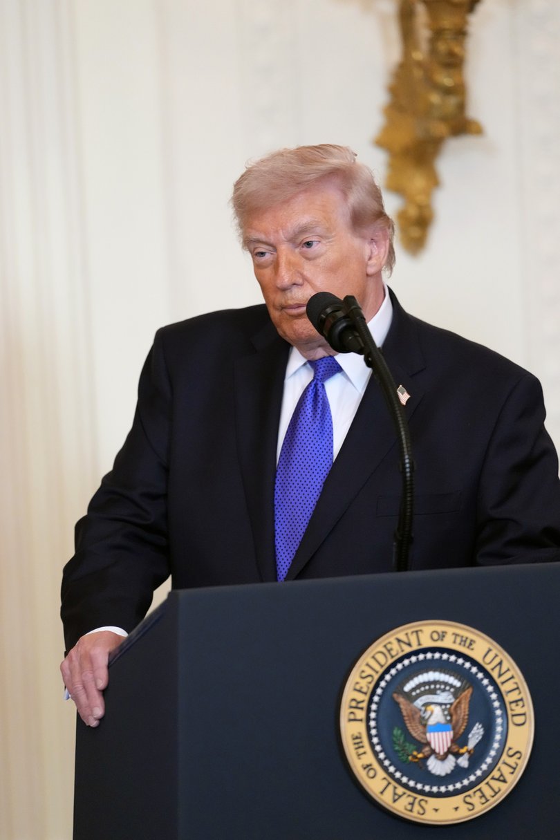 President Donald Trump delivers remarks on the conflict with Iran at a Medal of Honor ceremony.