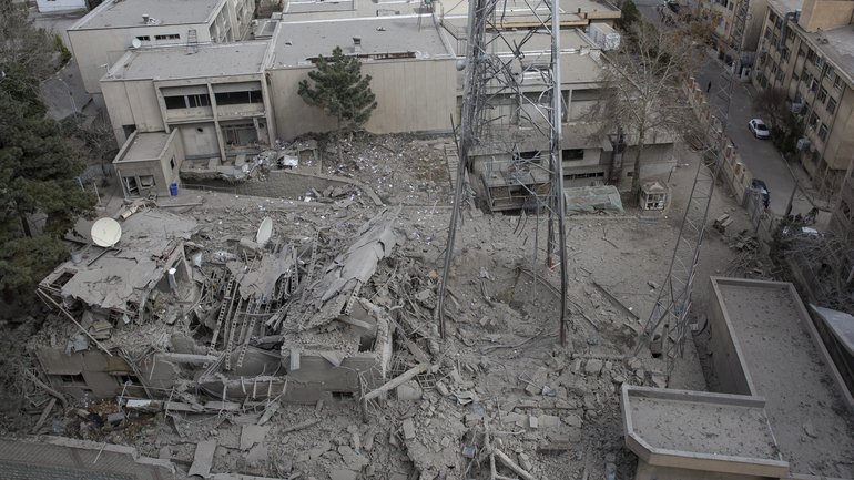 A telecommunications tower struck by airstrikes in Tehran, Iran.