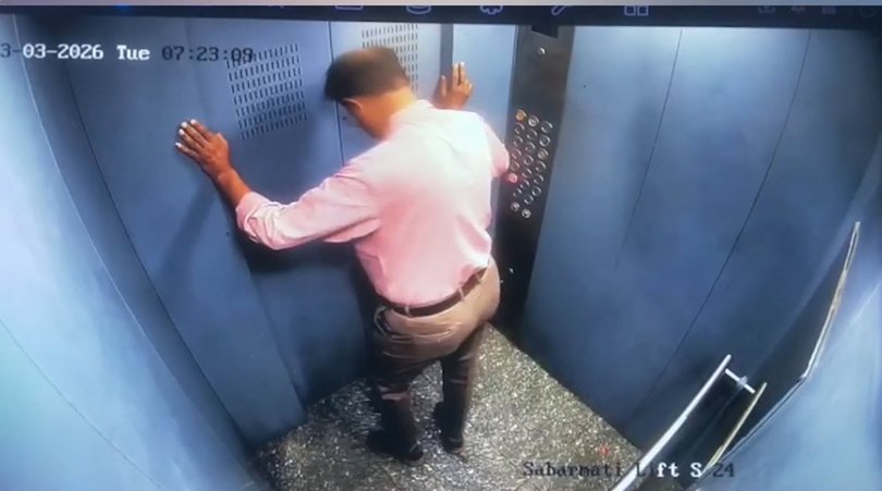 Footage shows the moment Vatsalbhai Pancha narrowly escapes serious injury after an elevator fault.