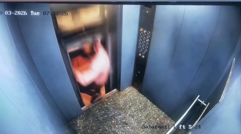 Footage shows the moment Vatsalbhai Pancha narrowly escapes serious injury after an elevator fault.