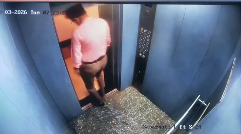 Footage shows the moment Vatsalbhai Pancha narrowly escapes serious injury after an elevator fault.