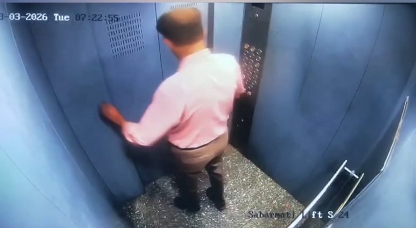 Footage shows the moment Vatsalbhai Pancha narrowly escapes serious injury after an elevator fault.