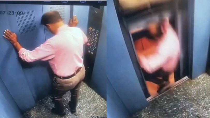 Horror moment man almost falls to his death when lift stops working.