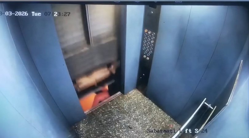 Footage shows the moment Vatsalbhai Pancha narrowly escapes serious injury after an elevator fault.