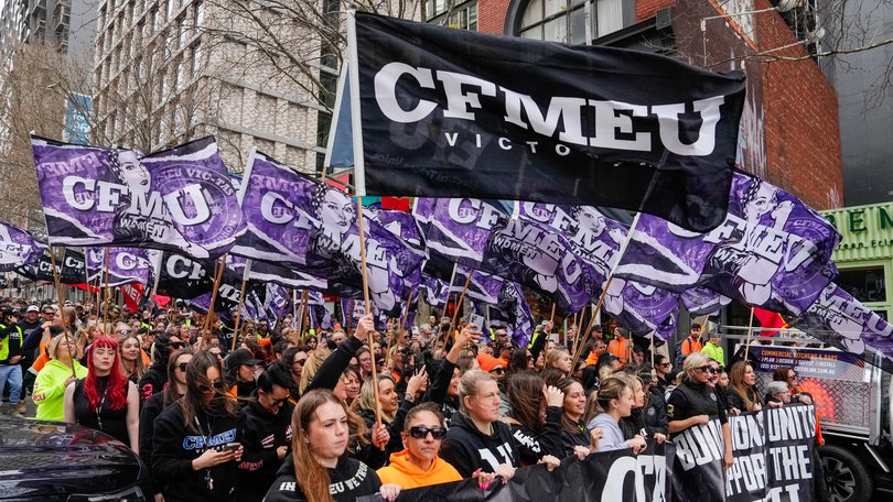 CFMEU members protest in August, 2024, after an administrator was appointed to run the union.