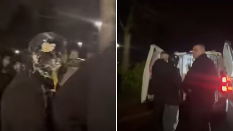 Convicted sex offender, who raped man with learning difficulties, has had egg thrown at him by angry protesters as police escorted him from his home.